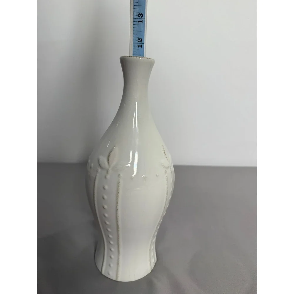 White Ceramic Bud Vase Embossed Floral Dotted Detail Iridescent Gloss 11.5 inch